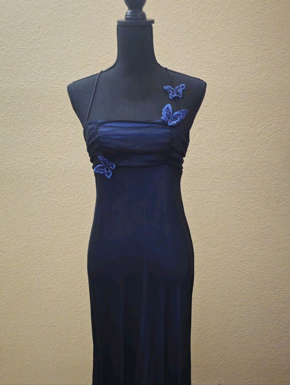 Vintage Elegant Navy One-Shoulder Evening Dress with Butterfly Accents